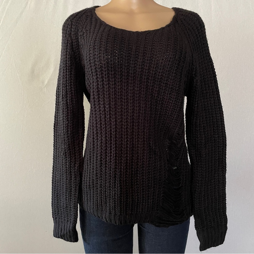 Planet Gold Sz Medium Black Destructed Pullover Knit Sweater Long Sleeve Zipper
